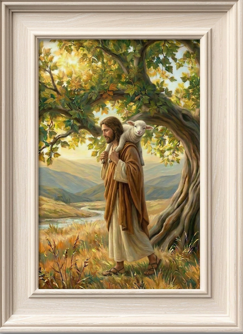 The Good Shepherd carrying a lamb on his shoulders beneath an oak tree, in a white oak frame