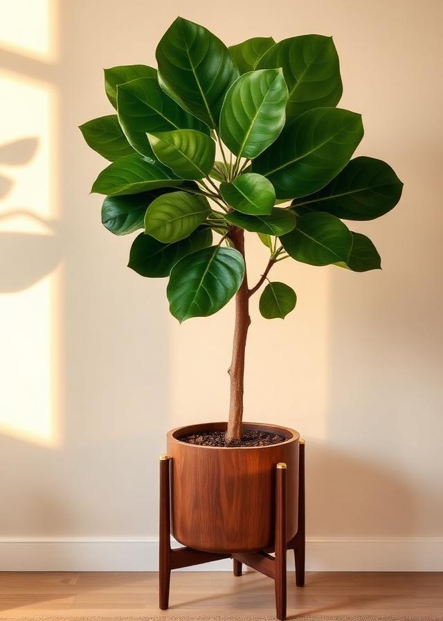 Fiddle leaf fig in a walnut stand